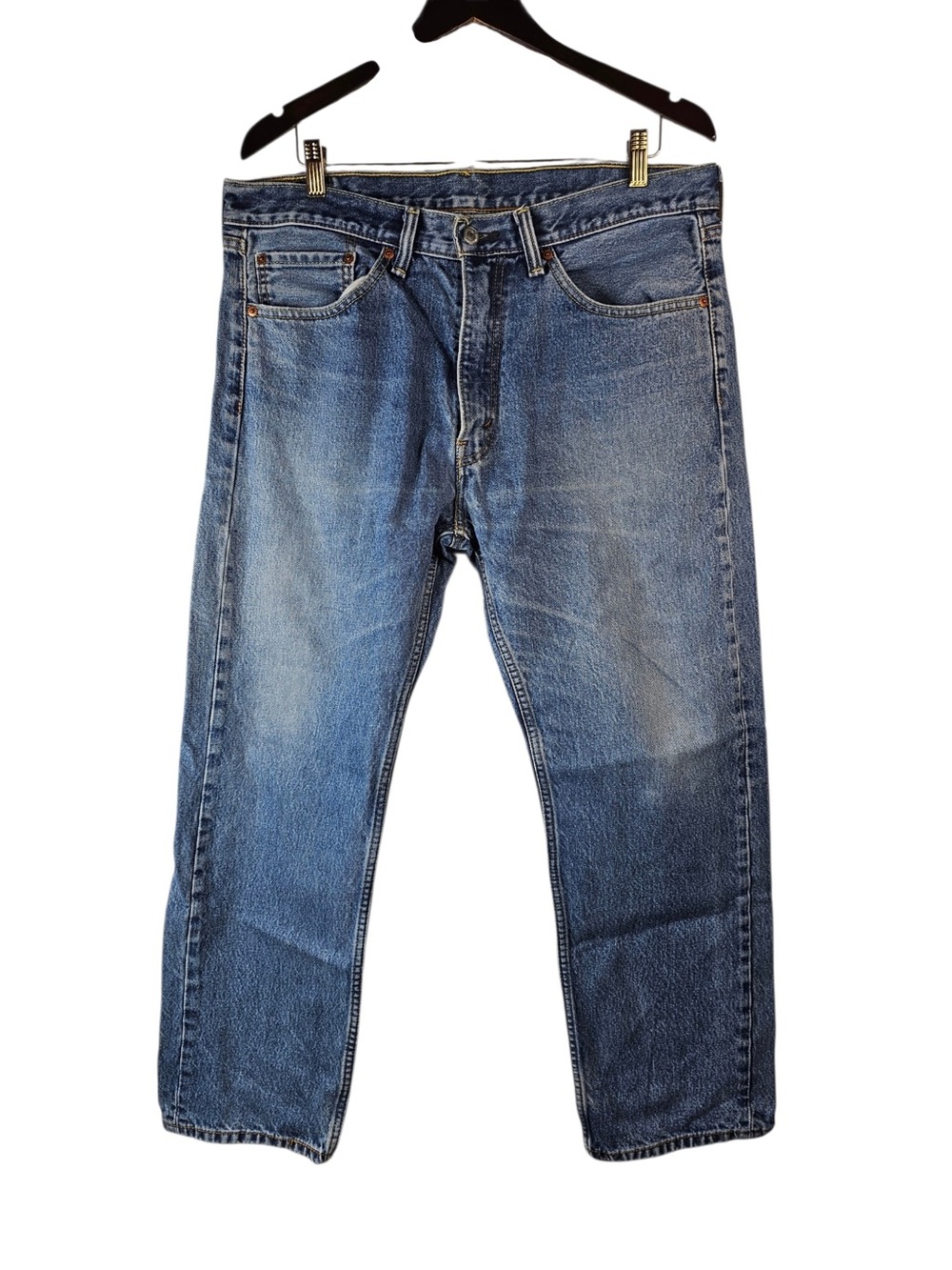 Levis 505 Mens 36x30 Regular Fit Straight Leg Blue Jeans Medium Wash Distressed